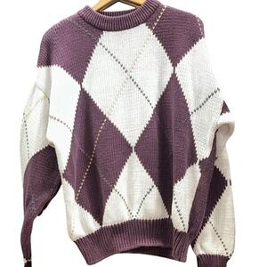 STRUCTURE 90s Mens Argyle Sweater Pullover Maroon Oversized Cotton Crewneck L